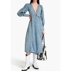 Ganni faded denim midi wrap dress